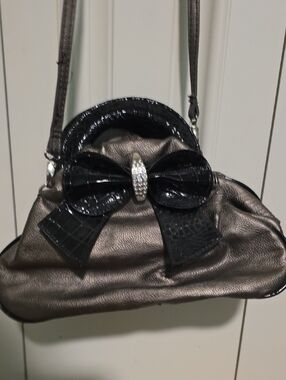 Metallic Bronze Shoulder Bag with Black Patent Bow